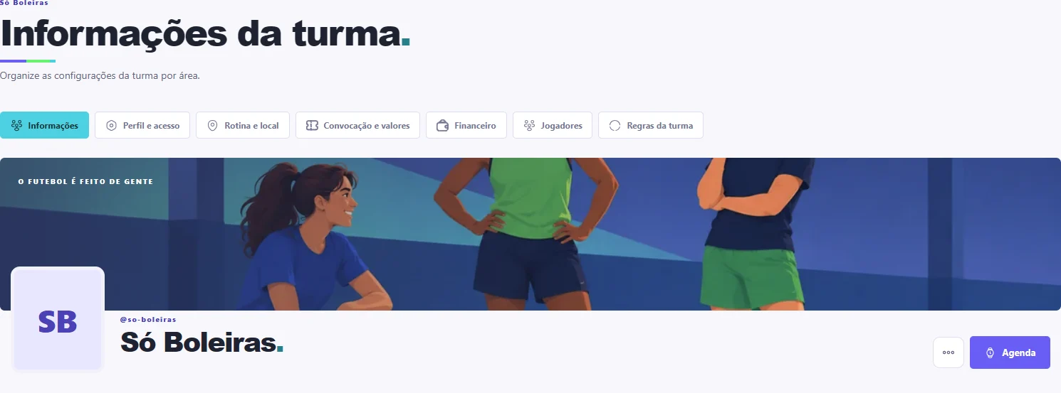 Perfil da turma Só Boleiras no Footeba, com capa, identidade e áreas de organização