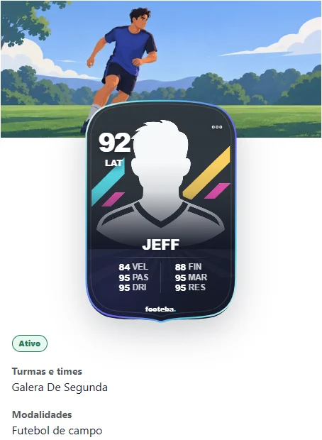 Cartão do jogador Jeff no Footeba, com posição, atributos, turma e modalidade